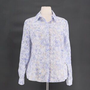 ZARA Sheer Burnout Damask Blue & White Floral Button Down Blouse Top Size L